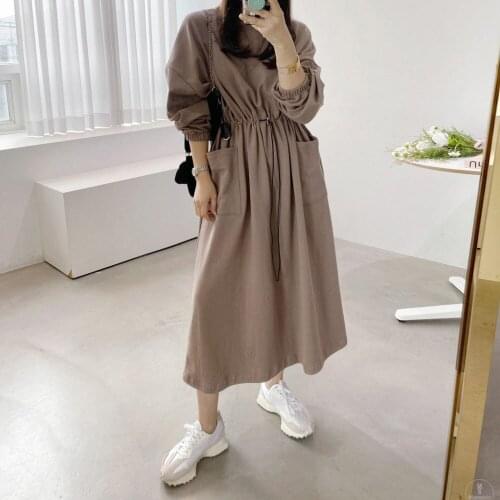 Dress 2021 New Korean Round Neck Drawstring Waist Long Dress Solid Color Pocket Long Sleeve Fashion Casual Simplicity