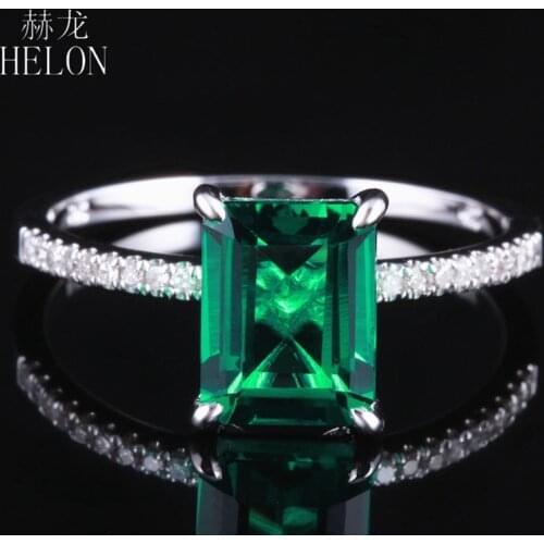 HELON 5X7mm Emerald Cut Treated Emerald Solid 14K White Gold Natural Diamond Engagement Ring Women Gemstone Jewelry Wedding Ring