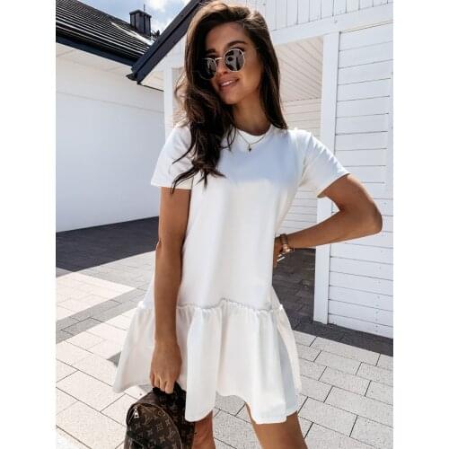 Lotus Edge Dress 2021 Summer Fashion New Short Sleeve Home Relaxed Comfortable Round Neck Solid Color Shirt SS442