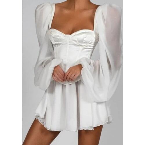 Sexy Mini Pleated Swing Dress 2021 Summer Women French Square Neck Satin Corset Long Chiffon Sleeve Party Loose Dresses