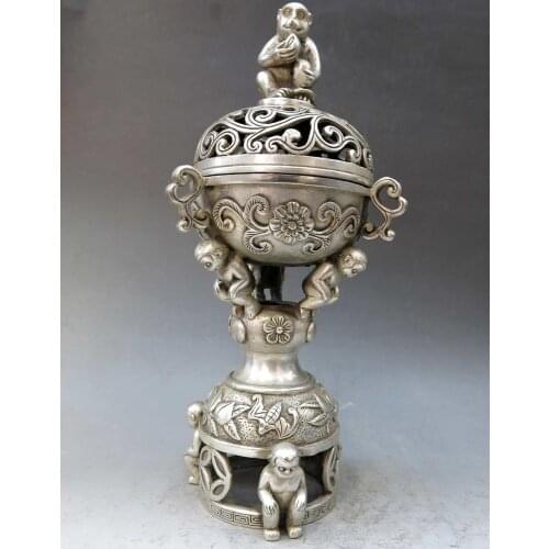 12" China silver handwork carved fine censer seven monkey incense burner Statue
