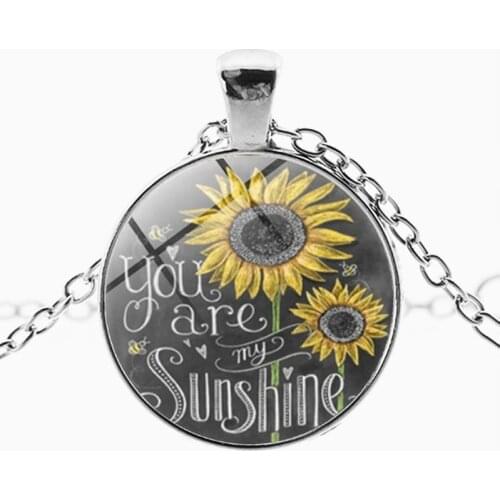 2020 Vintage Oil Painting Sunflower Glass Pendant Necklaces You Are My Sunshine Flower Choker Necklace Women Jewelry Gift