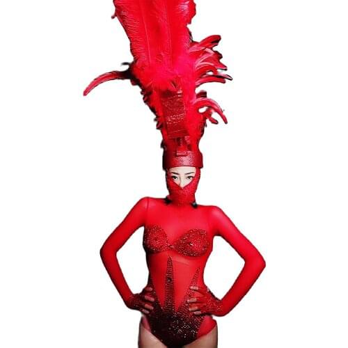 Shining Red Rhinestones Women Bodysuits Long Sleeve Tight Stretch Romper Nightclub Singer Show Performance Costume