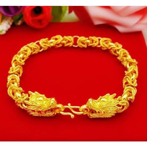 Drop Shipping 24k Gold GP Animal Bracelets&Bangles For Men 20CM.Fashion Gold Color 6mm Wide Solid Chain Dragon Head Bracelet