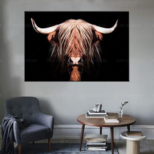 Black and brown long-haired highland cattle Poster Animal canvas wall pictures living room Room Decoration Modern art painting