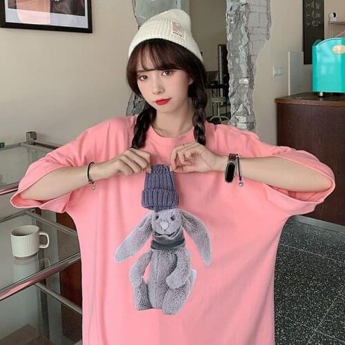 Korean Style Loose Crew Neck T Shirt Summer Top for Women 2021 Trend Clothes Harajuku Bear Short Sleeve Tees Girl Cute Pullover