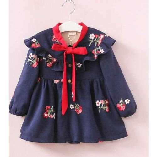 Flower Embroidery Winter Girls Dress Long Sleeve Plus Velvet Cotton Baby Girls Dress Bow Princess Dresses For Girls Clothing