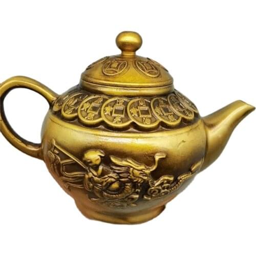 Chinese Old Bronze Statue Brass Money Kettle
