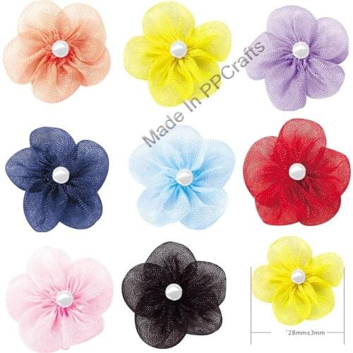 28MM Organza Ribbon Petaled Bow With Bead For Packing Cloth Hairbow DIY Crafts 200pcs Free Shipping