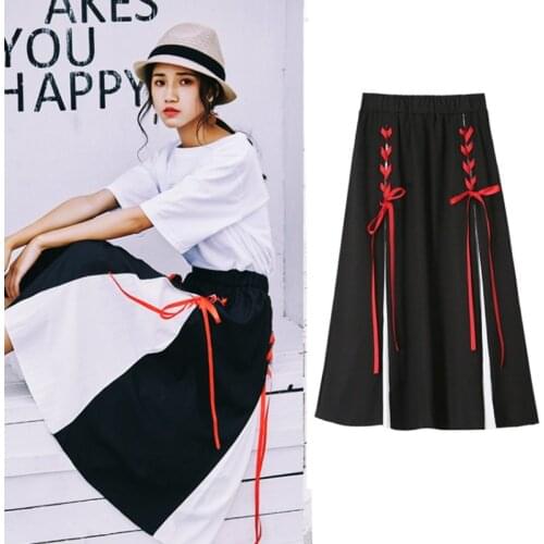 Summer Women Skirt High waist Long skirt Lace-up patchwork Chinese style Vintage summer mini skirts female