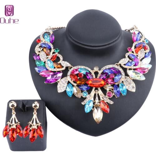 Fashion Colorful Crystal Choker Necklace For Women Statement Necklaces Earring Collar Boho Party Jewelry Sets