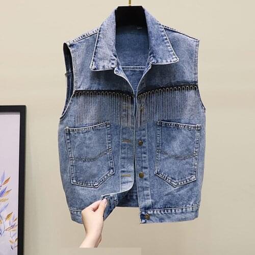 Fashion Tassels Sleeveless Denim Coat Women Casual Spring Blue Short Girl Jean Jacket Streetwear Harajuku Vest Outerwear Female