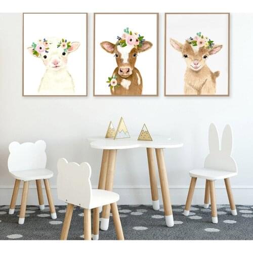 Floral Farmhouse Cow Sheep Pig Wall Art Canvas Painting Nordic Posters And Prints Nursery Wall Picture Kids Room Baby Room Decor
