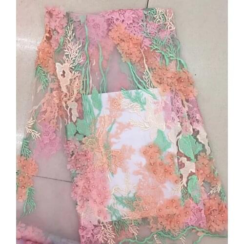 Nigerian Lace Fabrics For Wedding 2018 African French Lace Fabric High Quality 3D Lace With Beads ,Pink Lace Applique RF2522