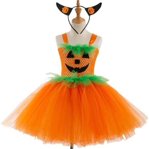 Halloween New Cartoon Pumpkin Baby Girls Tutu Dresses with Headband Fluffy Tulle Girls Dress for Halloween Party Cosplay Clothes