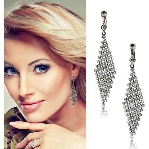 Long Tassel Charming Ladies Clip on Earrings Alloy Rhinestone Fashion Hypoallergenic Non-pierced Earrings Parties Jewelry
