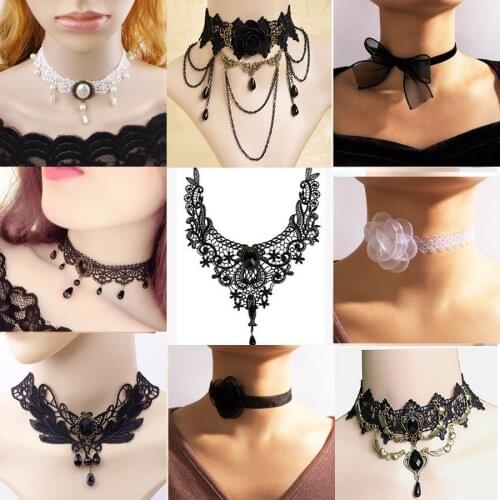 New Collares Sexy Gothic Chokers Crystal Black Lace Neck Choker Necklace Vintage Victorian Women Chocker Steampunk Jewelry