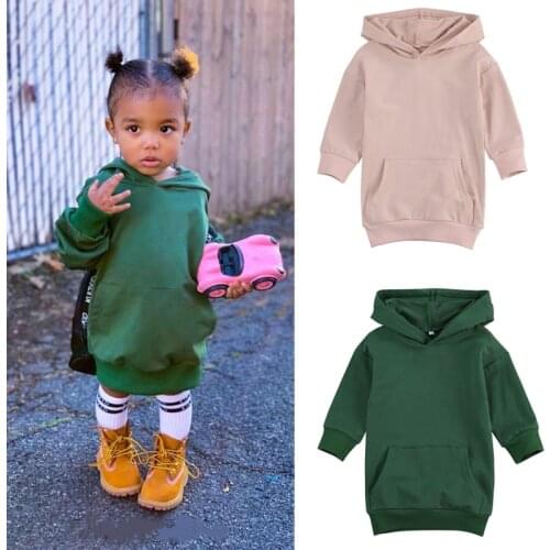 Baby Girls Dress Autumn Spring Long-Sleeved Hoodies Casual Pullover Pocket Tops Dress Solid Baby Dress Girls Children Clothes