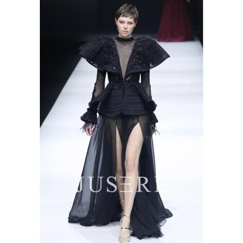 Real Photos Black Gothic Maxi Dress Celebrity Dresses Butterfly Wings Fashion Transparent Beaded Evening Dress With Tail 2019