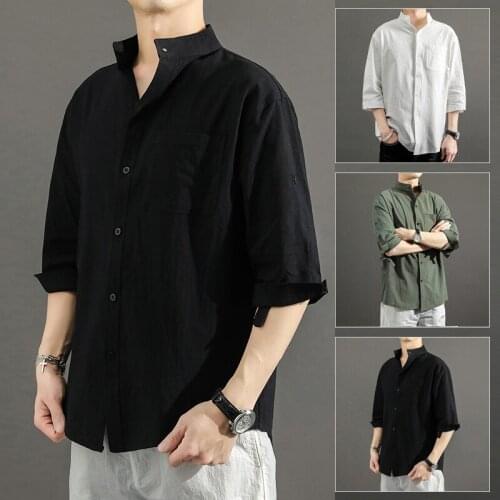 Vintage Men Chinese Traditional Shirt Fashion Style Solid Color Loose Stand Collar Blouse Top Summer Performance Tai Chi Uniform