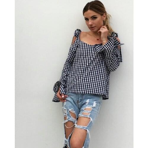 2020Rushed Women Tops Autumn Cotton Casual Batik Sleeve Strapless Shirt Plaid Top O-neck Regular Blusas Femininas Blouse