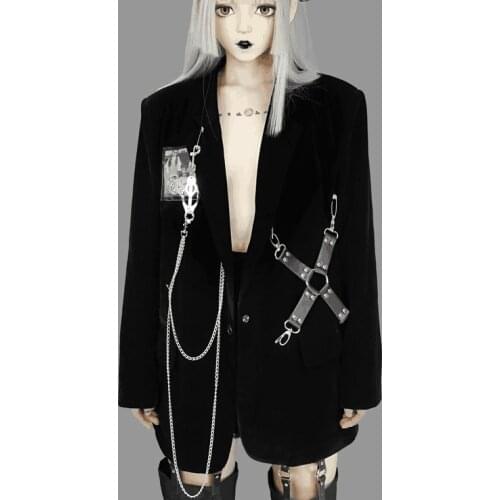 Ruibbit Autumn Winter Heavy Punk Black Coat Women PU Leather Metal Chain Cross Gear Shoulder pads Gothic Velour Jacket