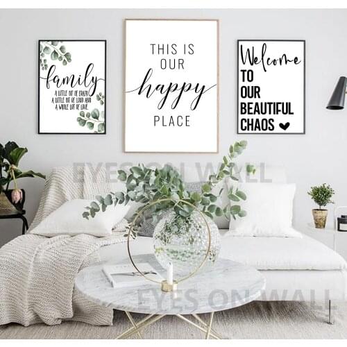 Family Simple Quote Picture Green Leaves Poster Black White Wall Art Canvas Painting Nordic Style Modern Print for Living Room