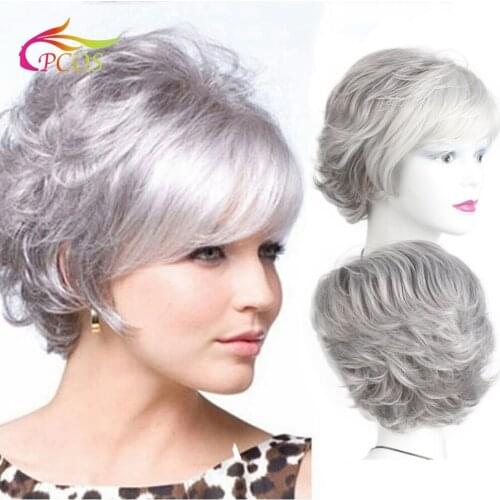 Short Wave Synthetic Wig with Bangs Grey White Color High Density Natural Heat Resistant Hair Wigs for Women