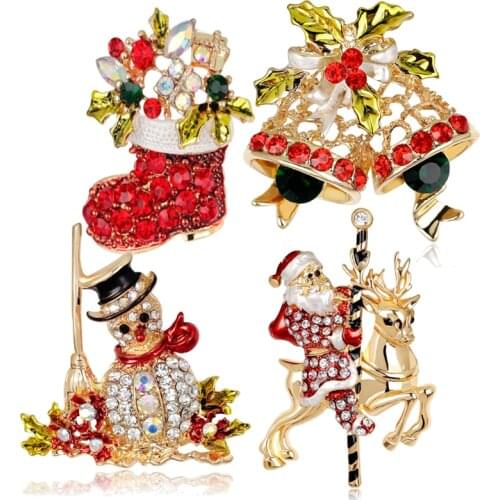 Vintage Creative Women Rhinestone Brooches Bow Bells Christmas Gifts Santa Claus Christmas Trees Socks Hat Sock Navidad Gift