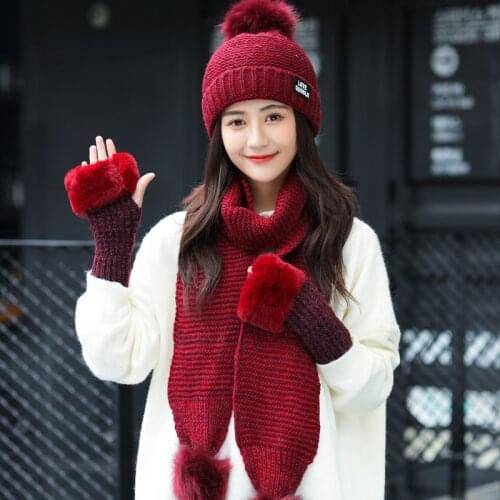 Women Winter Hat Scarf /Gloves Sets Female 3pcs Knitted Hats Scarf Set Caps for Girl Warm Skullies Beanies Hat 2020 Hot