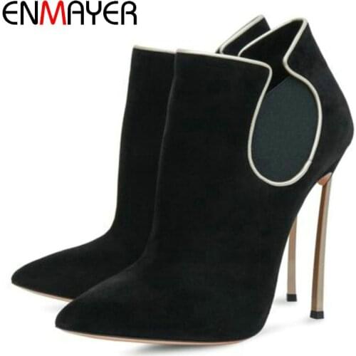 ENMAYER 2020 Winter Boots Women Pointed Toe Thin Heels Flock Ankle Boots Basic Zip Sewing Luxury Shoes Women Designers 34-43