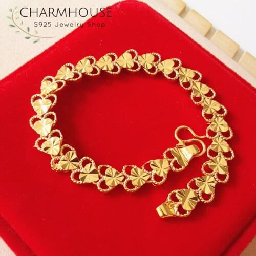 Gold Color Bracelets For Women 24K Gold Filled Heart Chain Bracelet & Bangles Pulseira Female Wristband African Jewelry Bijoux