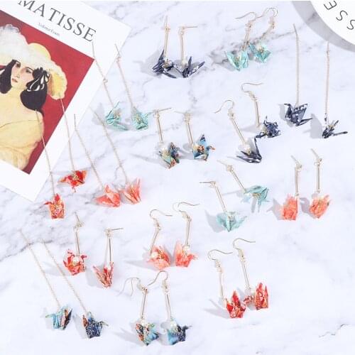 1 Pair Origami Crane Earrings Gold Color Sweet Japanese Long Paragraph Tassel Earrings Fashion Earrings Ear Clips