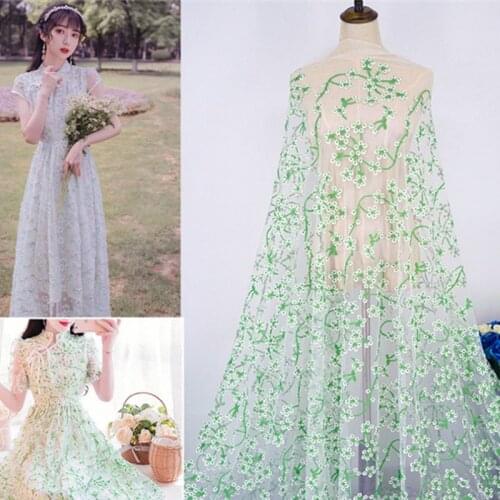 1Yardx1.3M Green Flowers Embroidery Mesh Lace Fabric DIY Sewing Wedding Dress Cloth Party Home Decorate