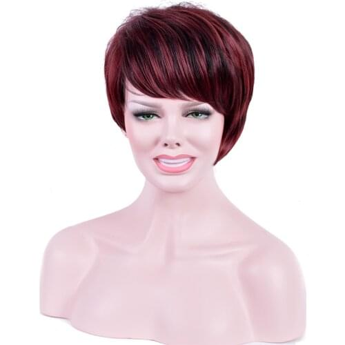 Amir Short Straight Hair With Part Side Bangs Synthetic Wigs For Black Women Black Mixed Burgundy Female Hair Toupee