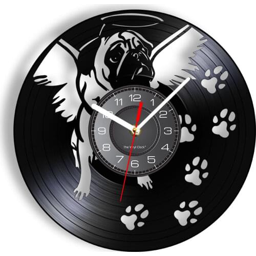 Bulldog with Angel Wing Modern Wall Art Clock England Bulldog Dog Paw Wall Decor Wall Clock Vinyl Record Vintage Pug Dog Clock