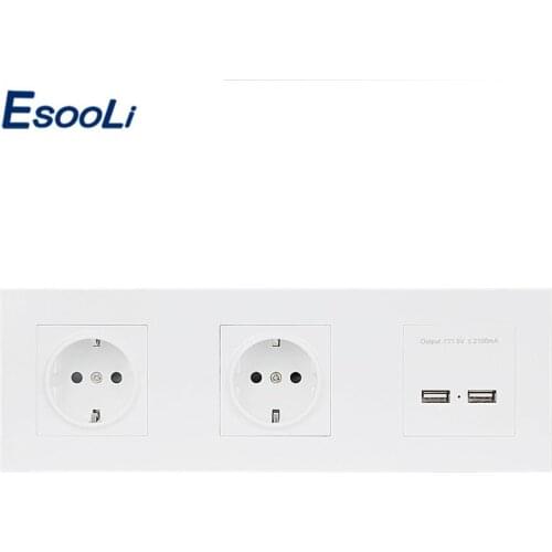 Esooli Wall PC Panel Double Socket 16A EU Electrical Outlet Dual USB Smart Charging Port 5V 2A Output