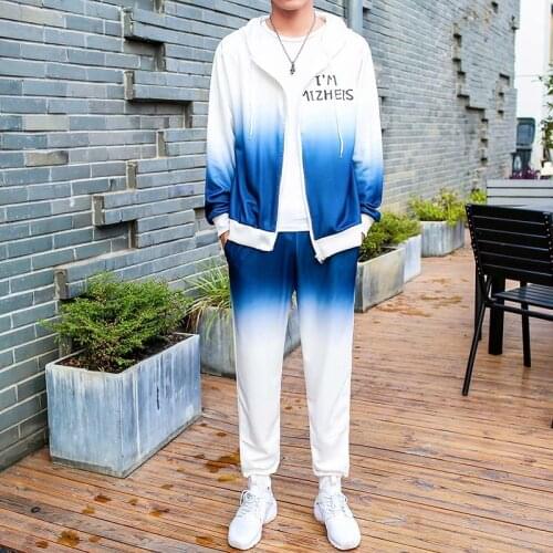 Spring Autumn Mens Sets Fashion Korean Gradient Hooded Zipper Coat+Gradient Elastic Waist Trousers Casual Men Clothing Sets