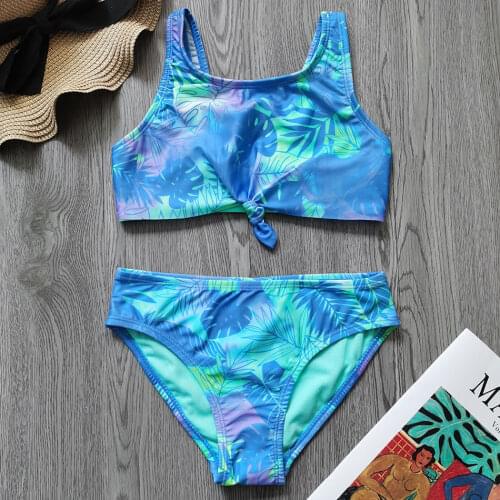 6-14 Years Girl Swimsuit Kids Tropical Leaf Two Piece Childrens Swimwear Knot Girl Bikini Set Girls Bathing Suit Beachwear 2021