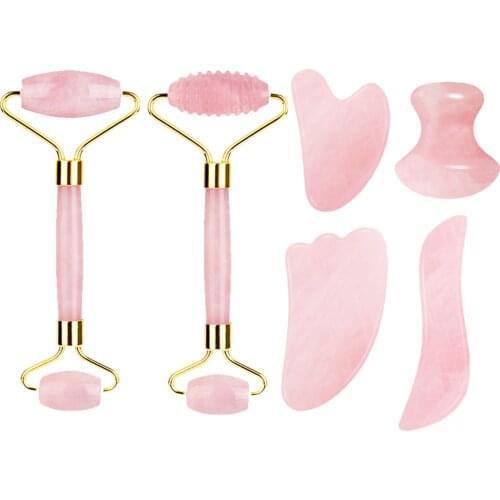 Natural Rose Quartz Massage Roller Gouache Scraper for Facial Massager Real Stone Gua Sha Scraper Face Roller Skin Care Tools