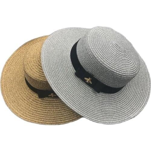 Hot Summer Women Holiday Stylish Ins Beach Straw Hat Gold Silver Sun Protection Ribbob Visor Caps Flat Sun hats Ladies Girls