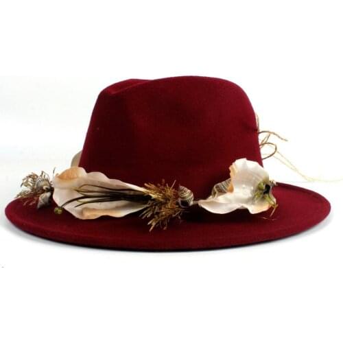 Fashion Wool Women Wide Brim Fedora Hat With Flower Winter Elegant Lady Outback Jazz Church Fascinator Hat 2Size 56-60
