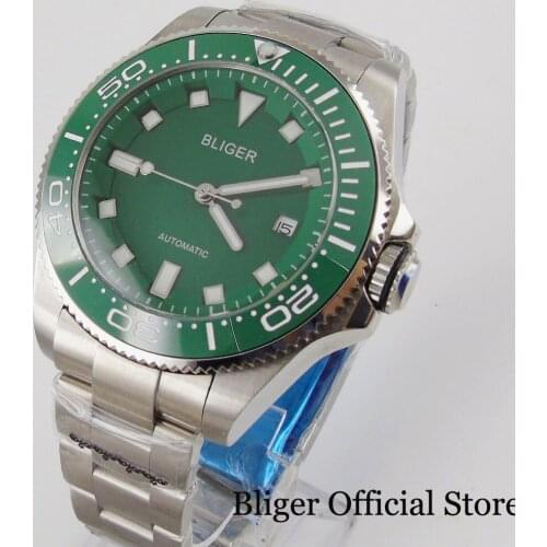 BLIGER 43mm Fashional Mechanical Watch Men Green Dial Date Indicator Steel Band MIYOTA Movement