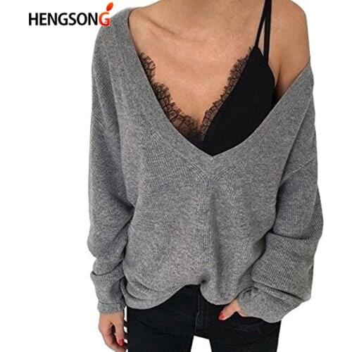 Autumn Winter Sexy Deep V Neck Warm Women Sweater Knitted Femme Pull Soft Female Long Sleeve Pullovers Sweaters
