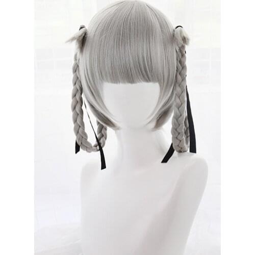 Japanese Anime Kakegurui Kirari Momobami 35cm Short Wigs Gray Braids Styled Clip on Cosplay Wig+ wig cap