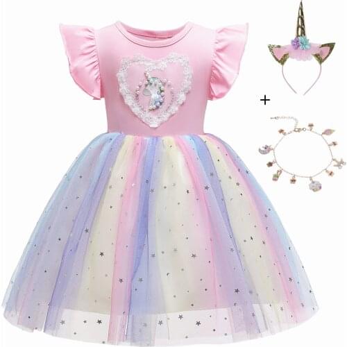 Girls Unicorn Princess Dress For Kids Birthday Wedding Dress Short Sleeve Childrens Day Party Rainbow Mesh Teen Girls Vestidos