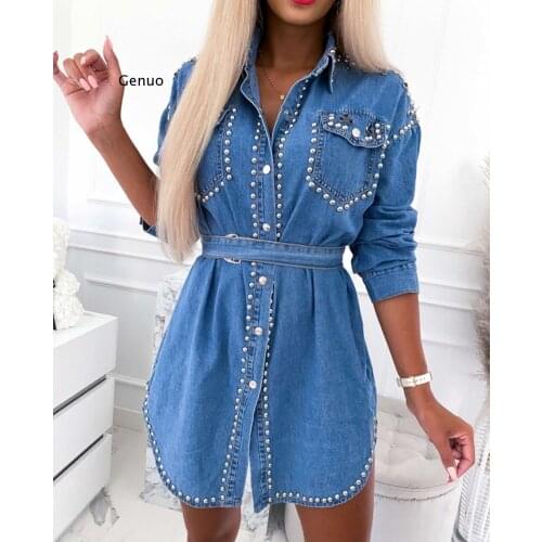 Jean Shirt Dress Women Beaded Bandage Long Sleeve Dresses for Women Spring Fashion New A-Line Mini Dress