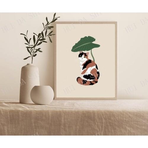 Cat Poster, Cat Illustration, Cat and Plant Art, Cat Drawing, Fat cat art, Funny Cat Art, Printable art