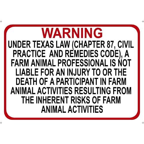Warning Sign Texas Farm Professional Liability Sign Chapter 87 Civil Practice Code Safety Sign 8x12 inches