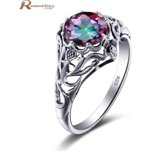 Luxury Cocktail Ring Vintage Rainbow Fire Mystic Created Topaz Ring Solid 925 Sterling Silver Jewelry Women Evening Party Ring